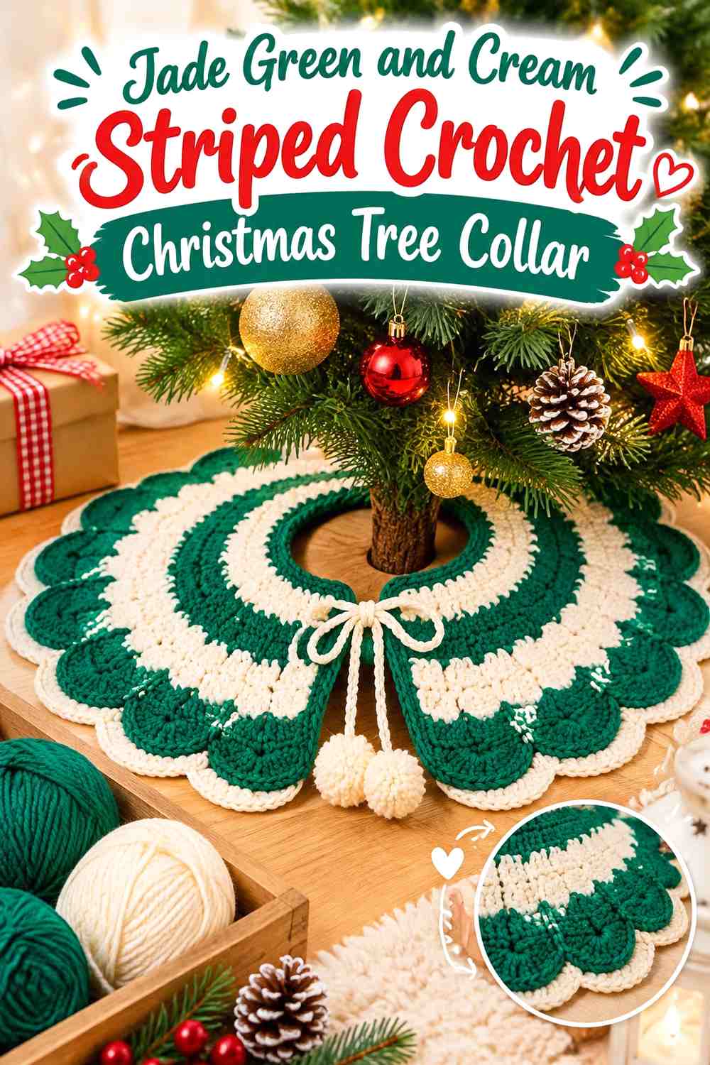 Jade Green and Cream Striped Crochet Christmas Tree Collar
