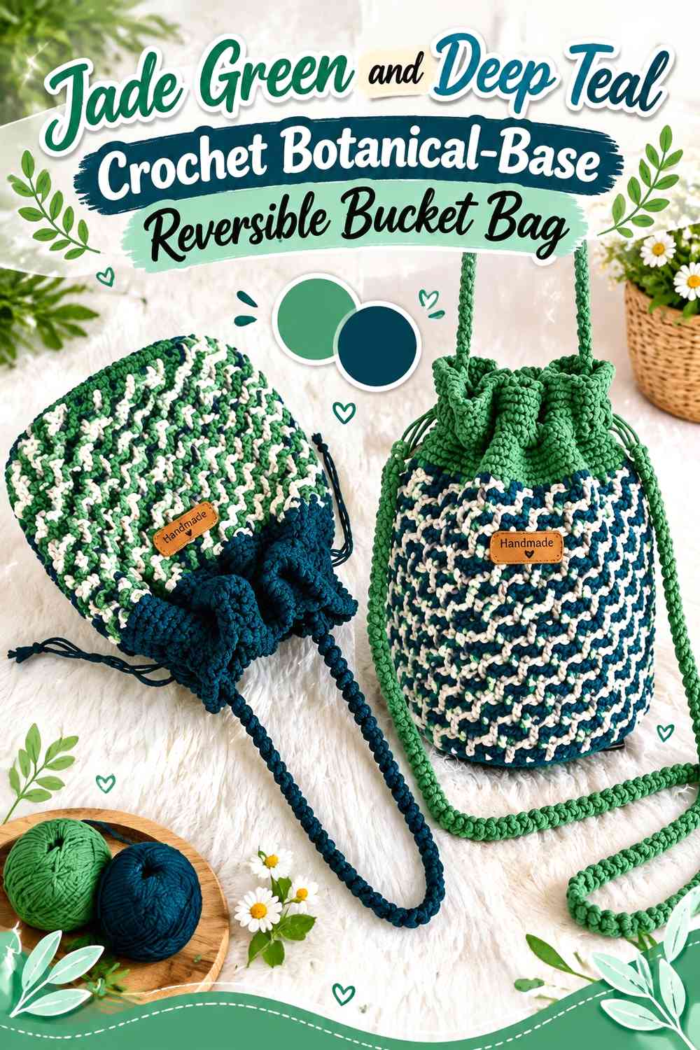Jade Green and Deep Teal Crochet Botanical-Base Reversible Bucket Bag