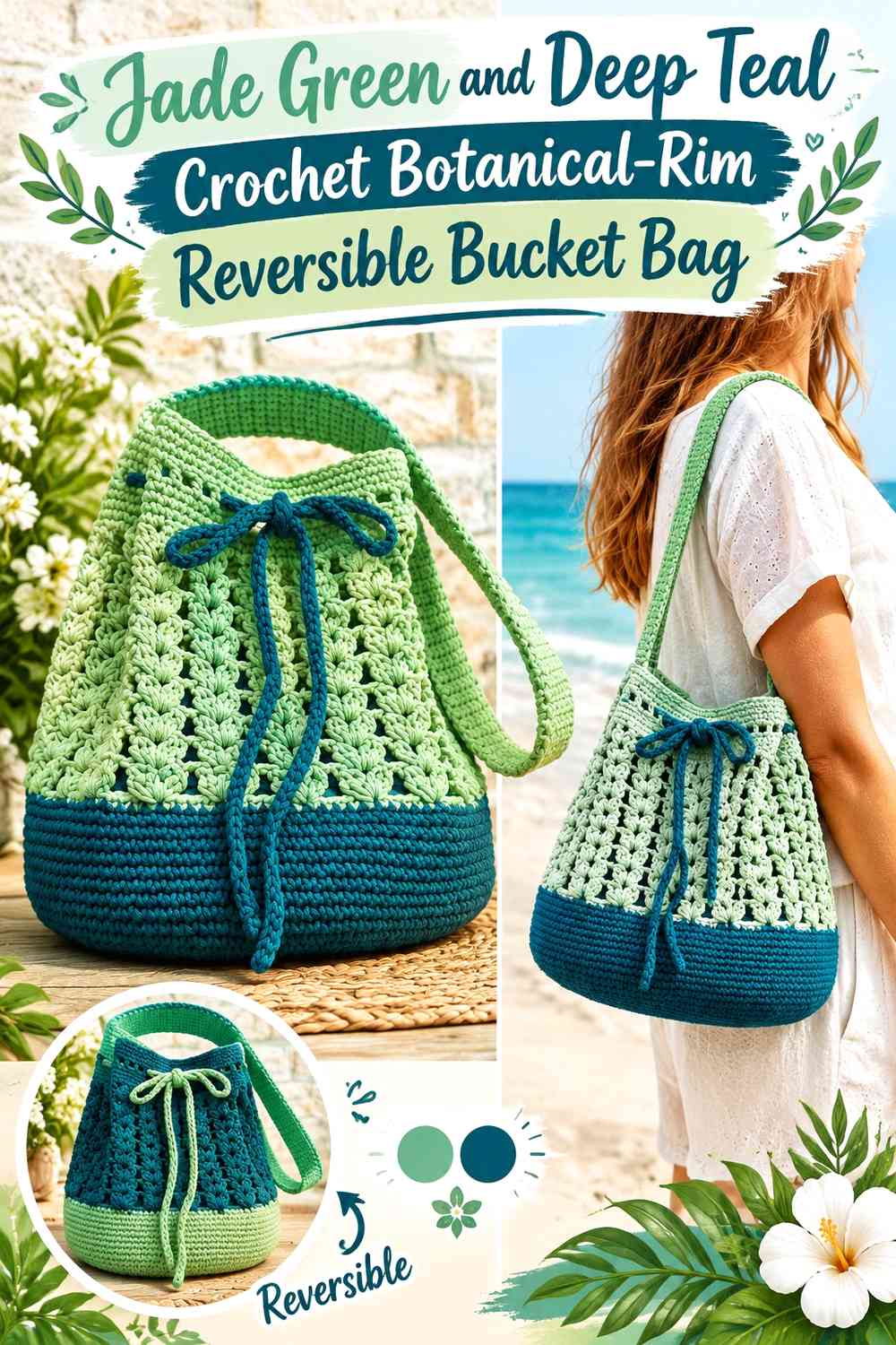 Jade Green and Deep Teal Crochet Botanical-Rim Reversible Bucket Bag