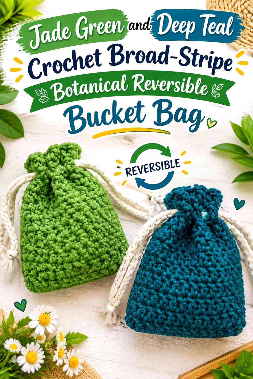 Jade Green and Deep Teal Crochet Broad-Stripe Botanical Reversible Bucket Bag