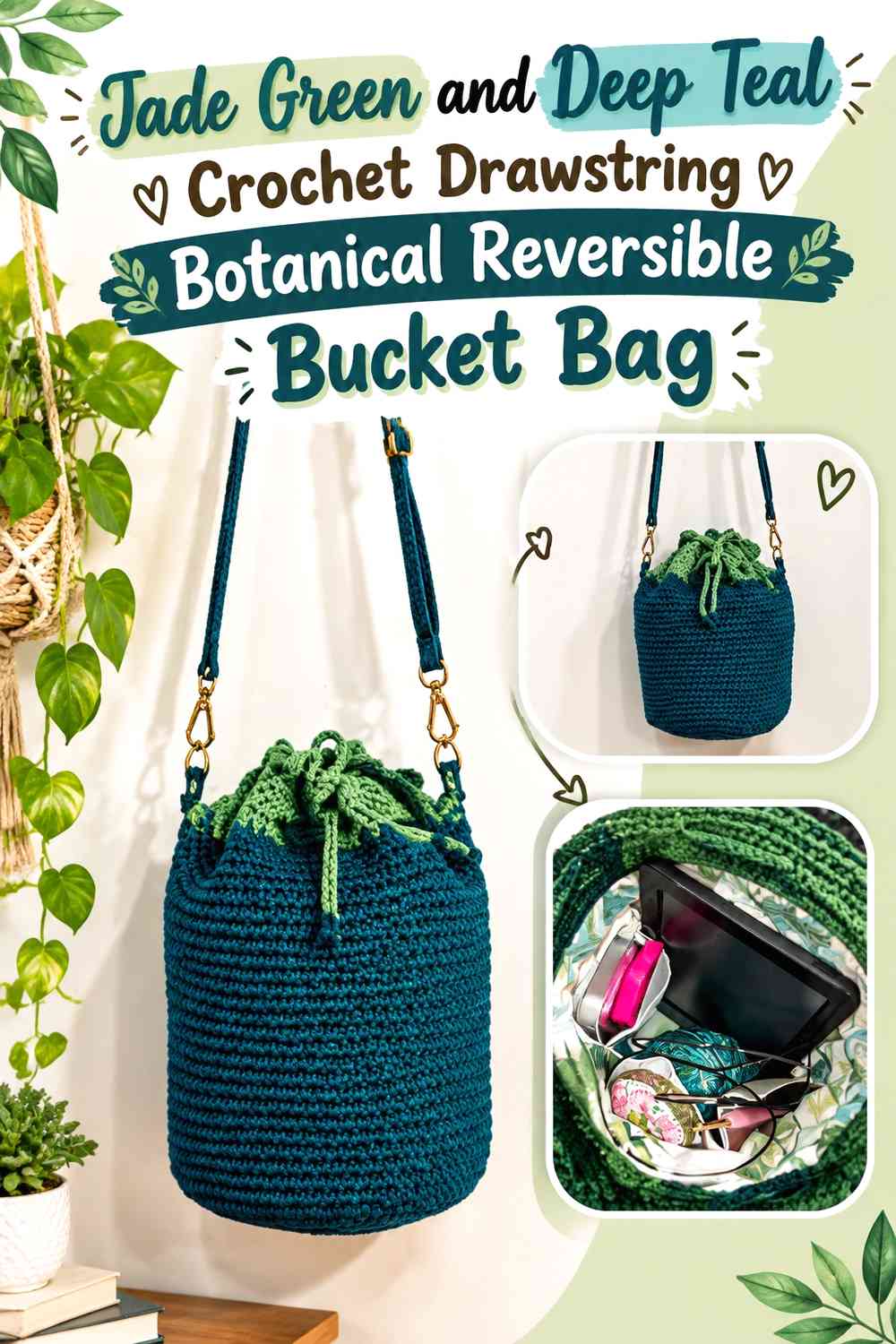 Jade Green and Deep Teal Crochet Drawstring Botanical Reversible Bucket Bag