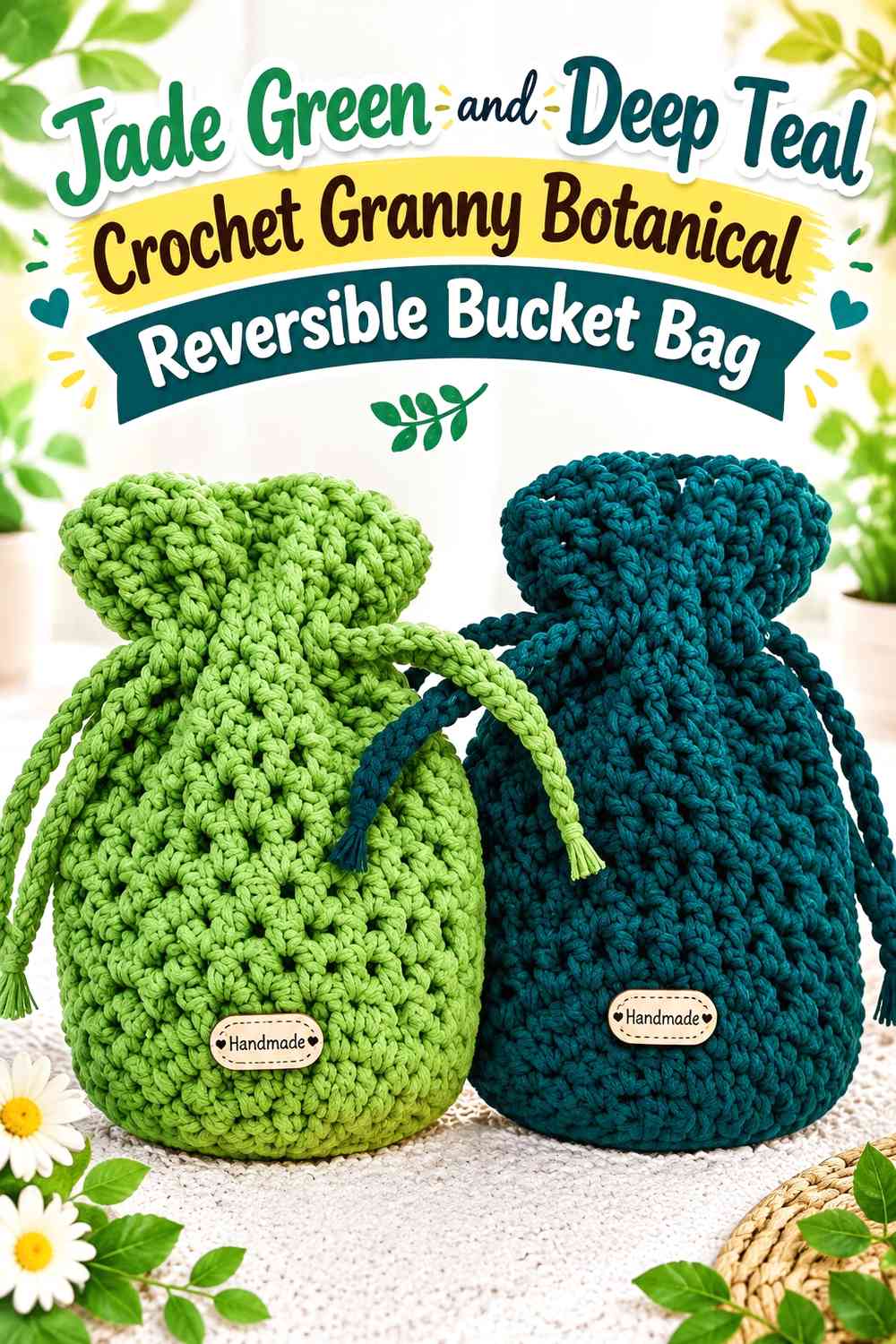 Jade Green and Deep Teal Crochet Granny Botanical Reversible Bucket Bag