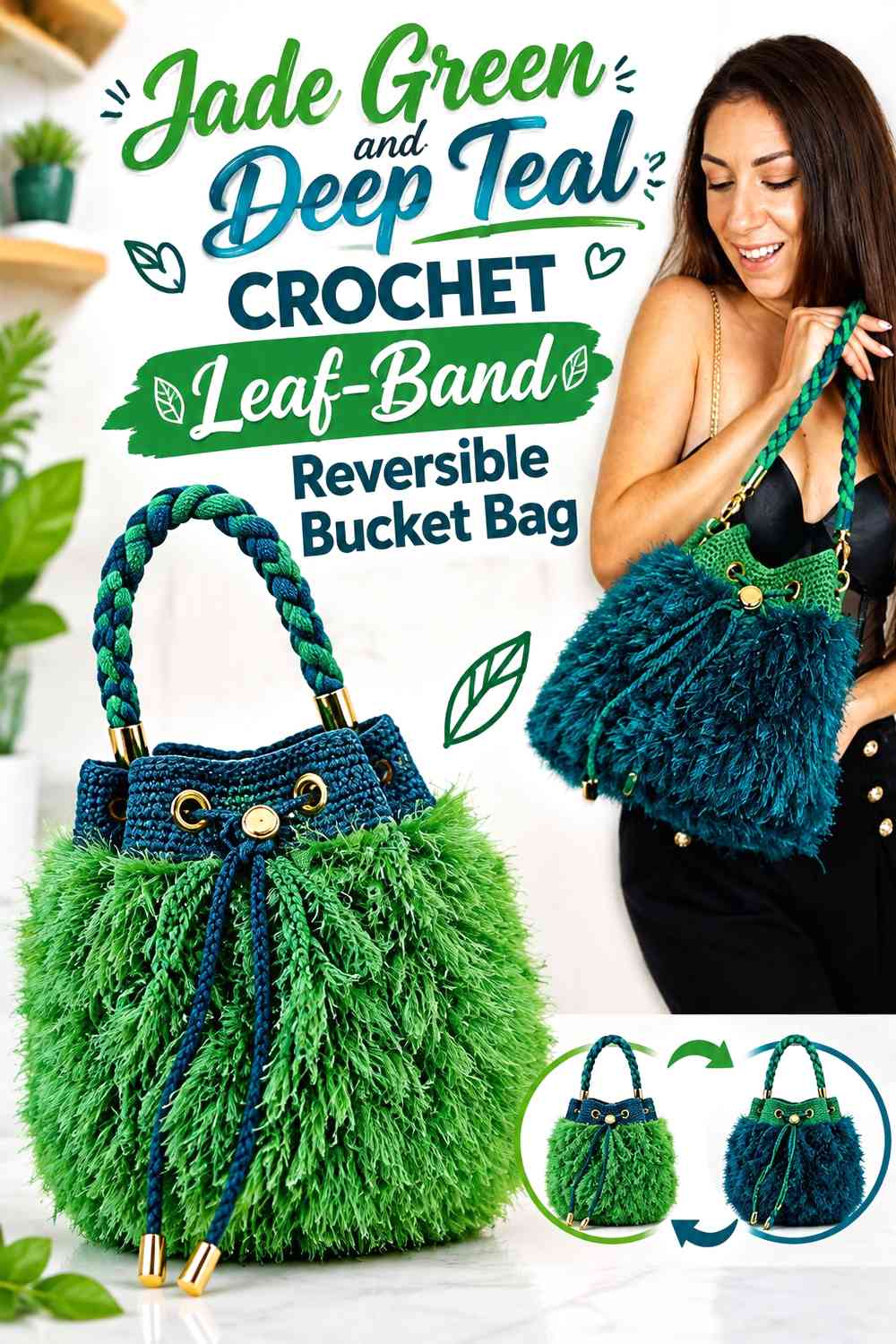 Jade Green and Deep Teal Crochet Leaf-Band Reversible Bucket Bag