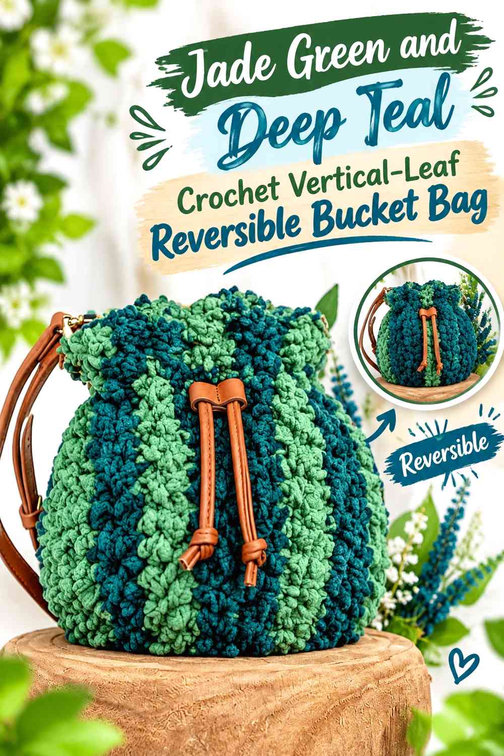 Jade Green and Deep Teal Crochet Vertical-Leaf Reversible Bucket Bag