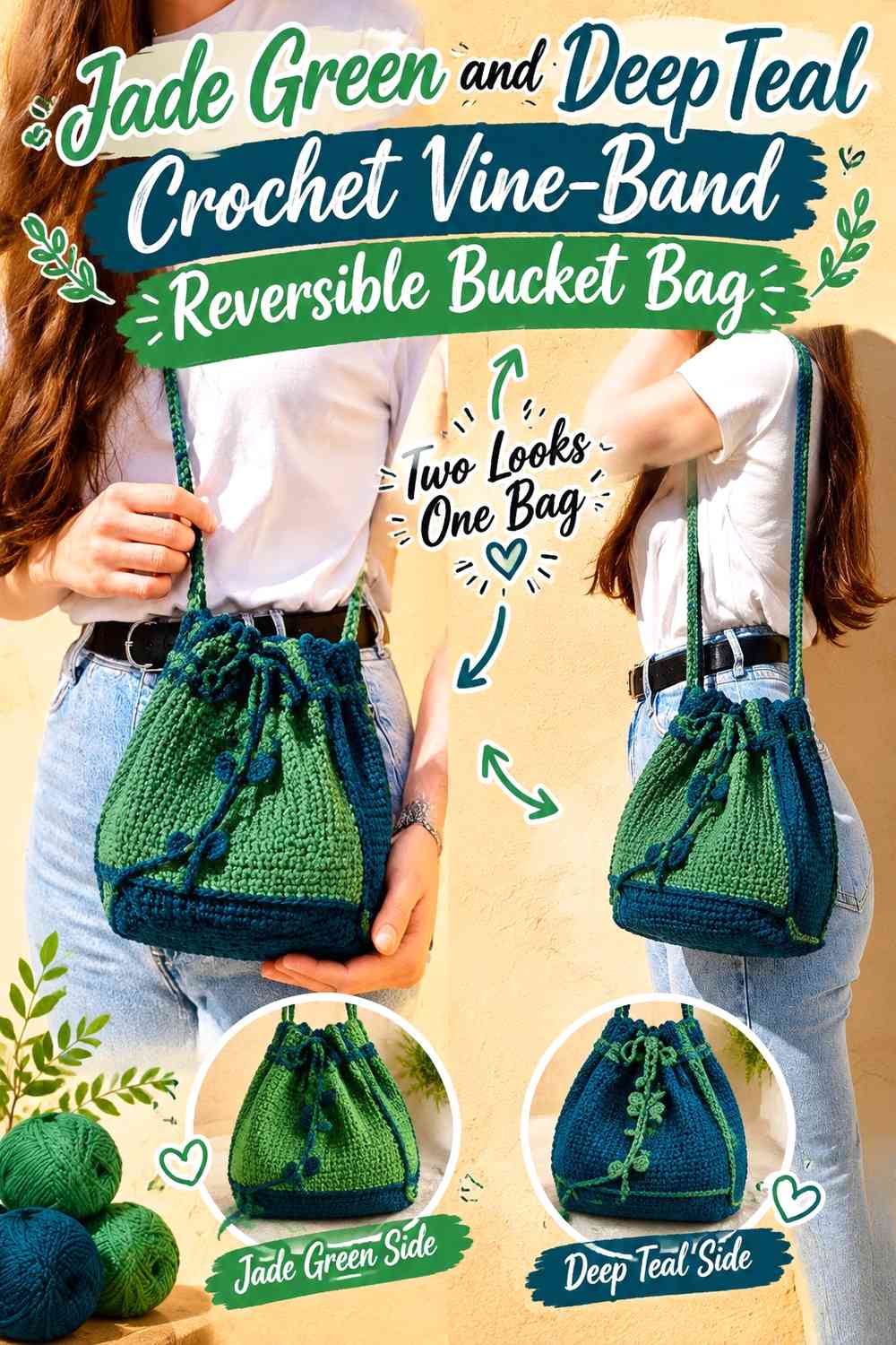 Jade Green and Deep Teal Crochet Vine-Band Reversible Bucket Bag