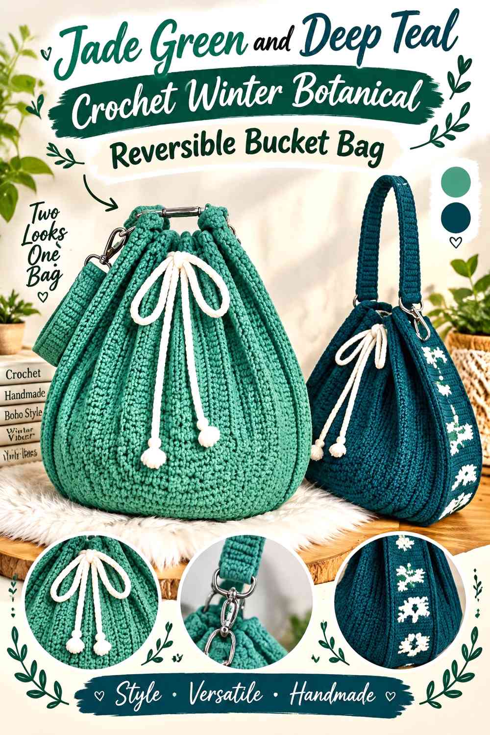 Jade Green and Deep Teal Crochet Winter Botanical Reversible Bucket Bag