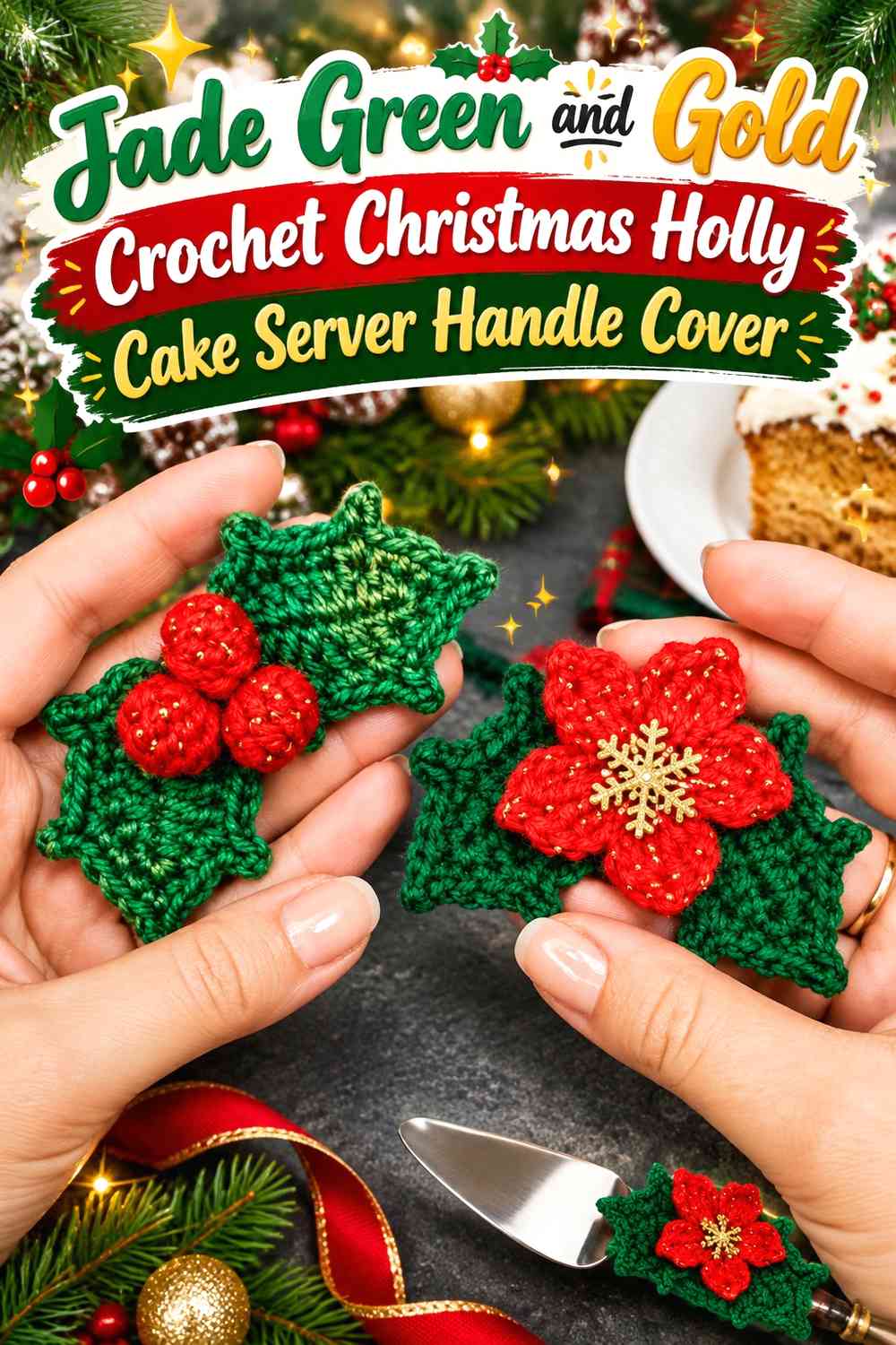 Jade Green and Gold Crochet Christmas Holly Cake Server Handle Cover