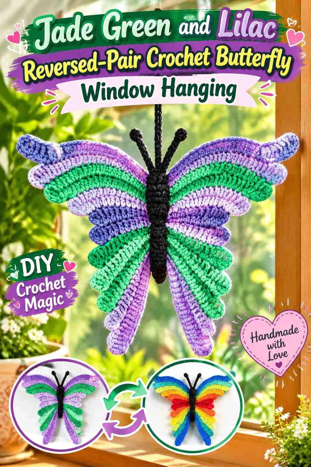 Jade Green and Lilac Reversed-Pair Crochet Butterfly Window Hanging