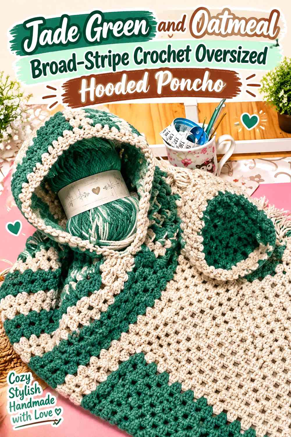 Jade Green and Oatmeal Broad-Stripe Crochet Oversized Hooded Poncho