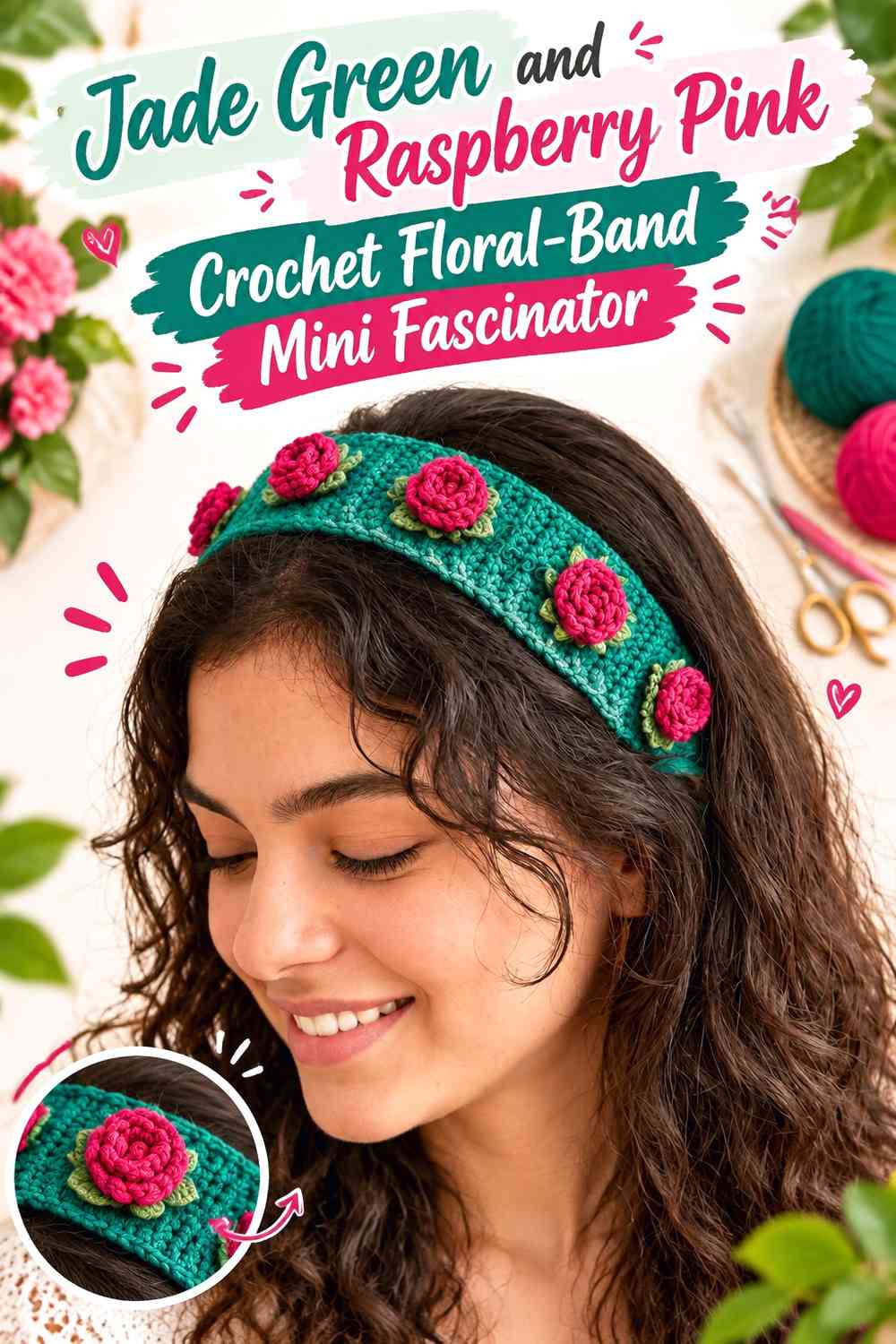 Jade Green and Raspberry Pink Crochet Floral-Band Mini Fascinator
