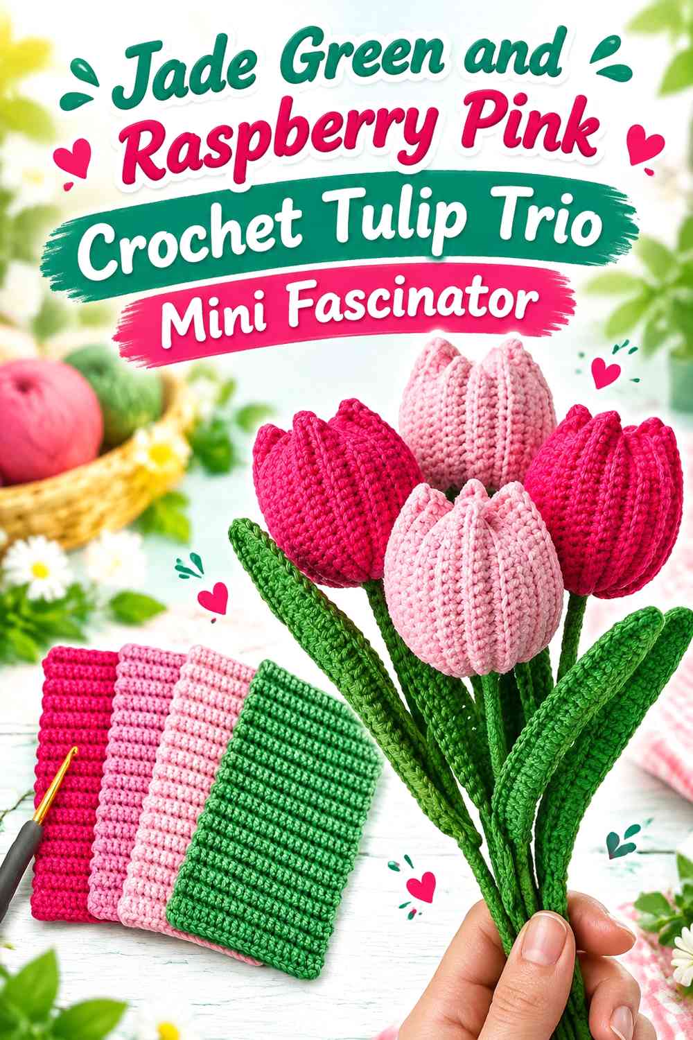 Jade Green and Raspberry Pink Crochet Tulip Trio Mini Fascinator
