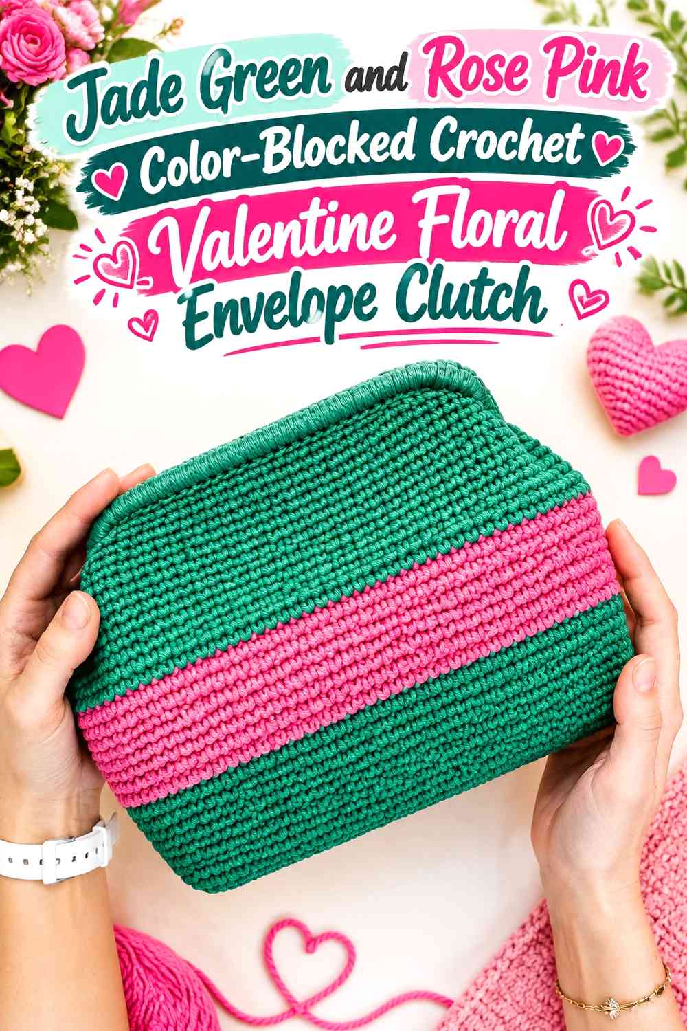 Jade Green and Rose Pink Color-Blocked Crochet Valentine Floral Envelope Clutch