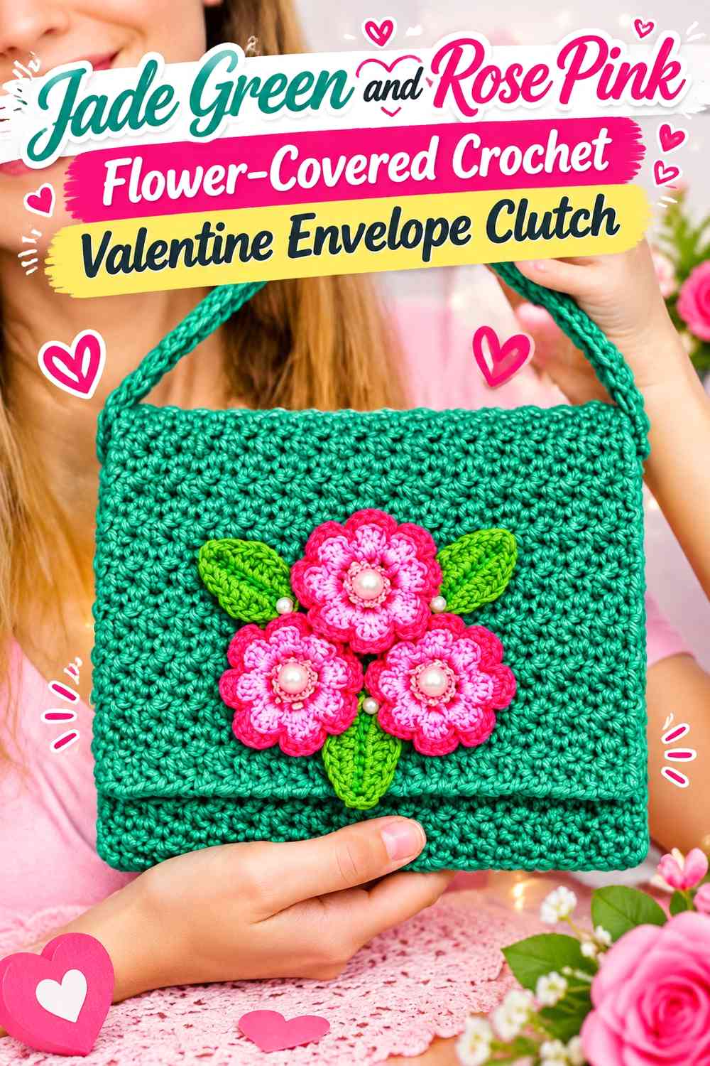 Jade Green and Rose Pink Flower-Covered Crochet Valentine Envelope Clutch