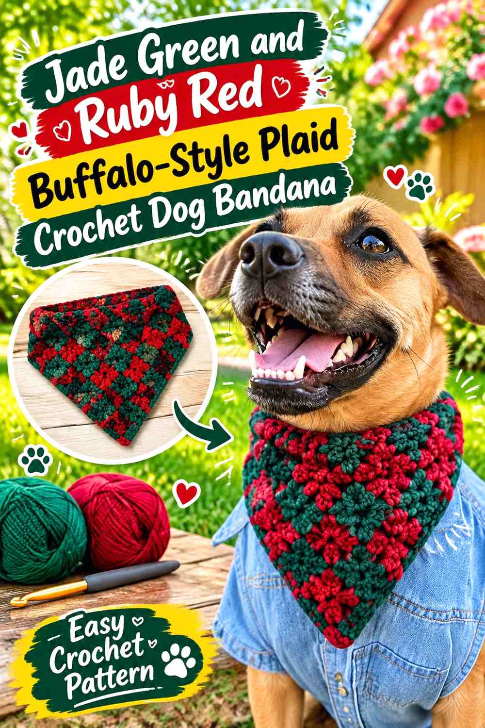 Jade Green and Ruby Red Buffalo-Style Plaid Crochet Dog Bandana