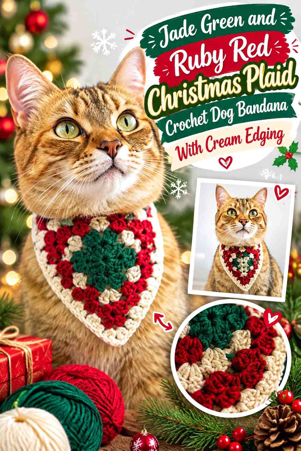Jade Green and Ruby Red Christmas Plaid Crochet Dog Bandana With Cream Edging