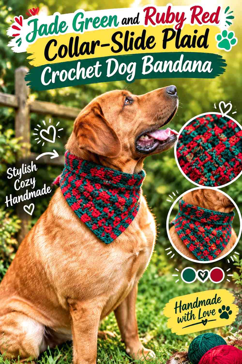 Jade Green and Ruby Red Collar-Slide Plaid Crochet Dog Bandana