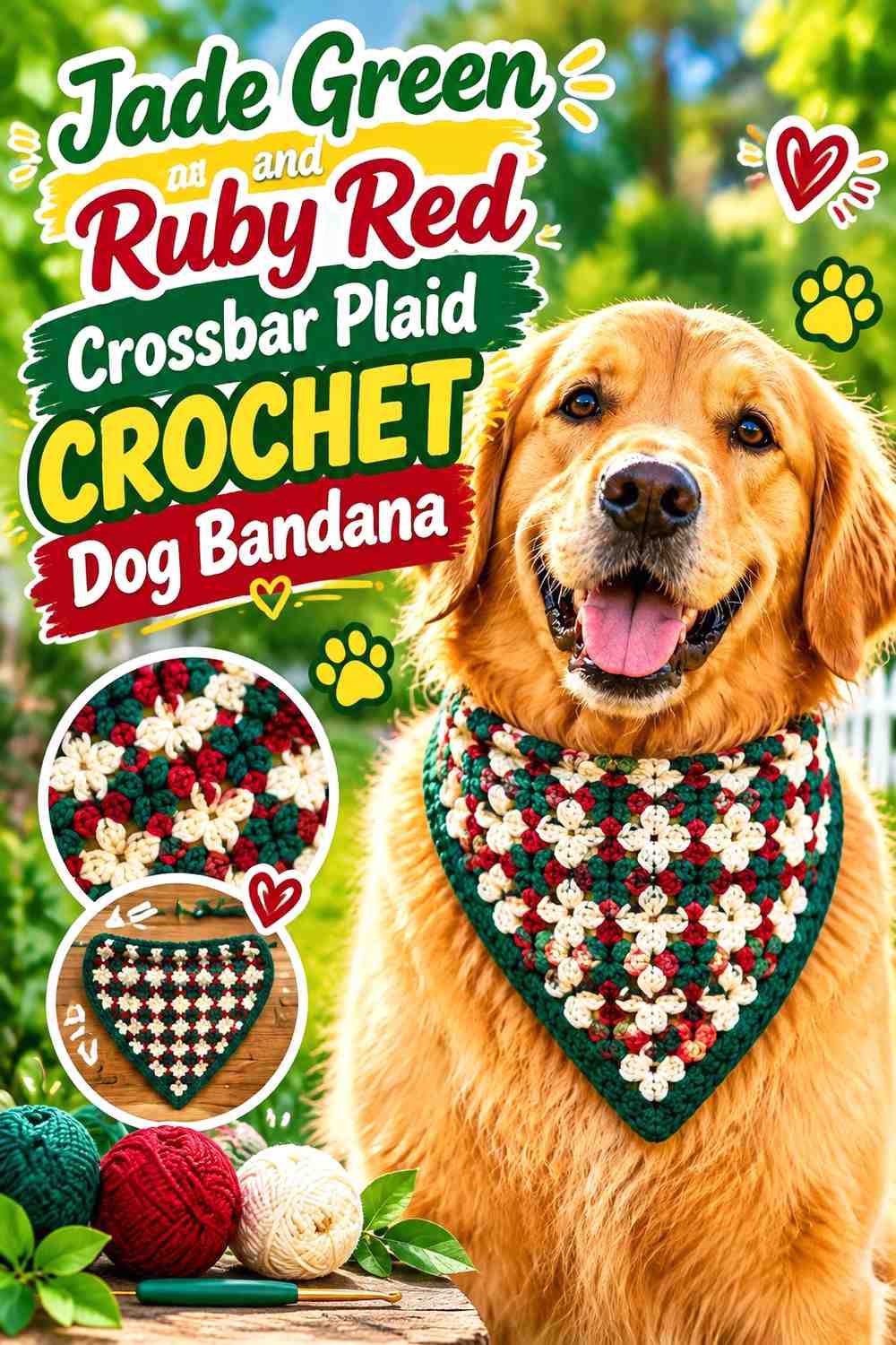 Jade Green and Ruby Red Crossbar Plaid Crochet Dog Bandana