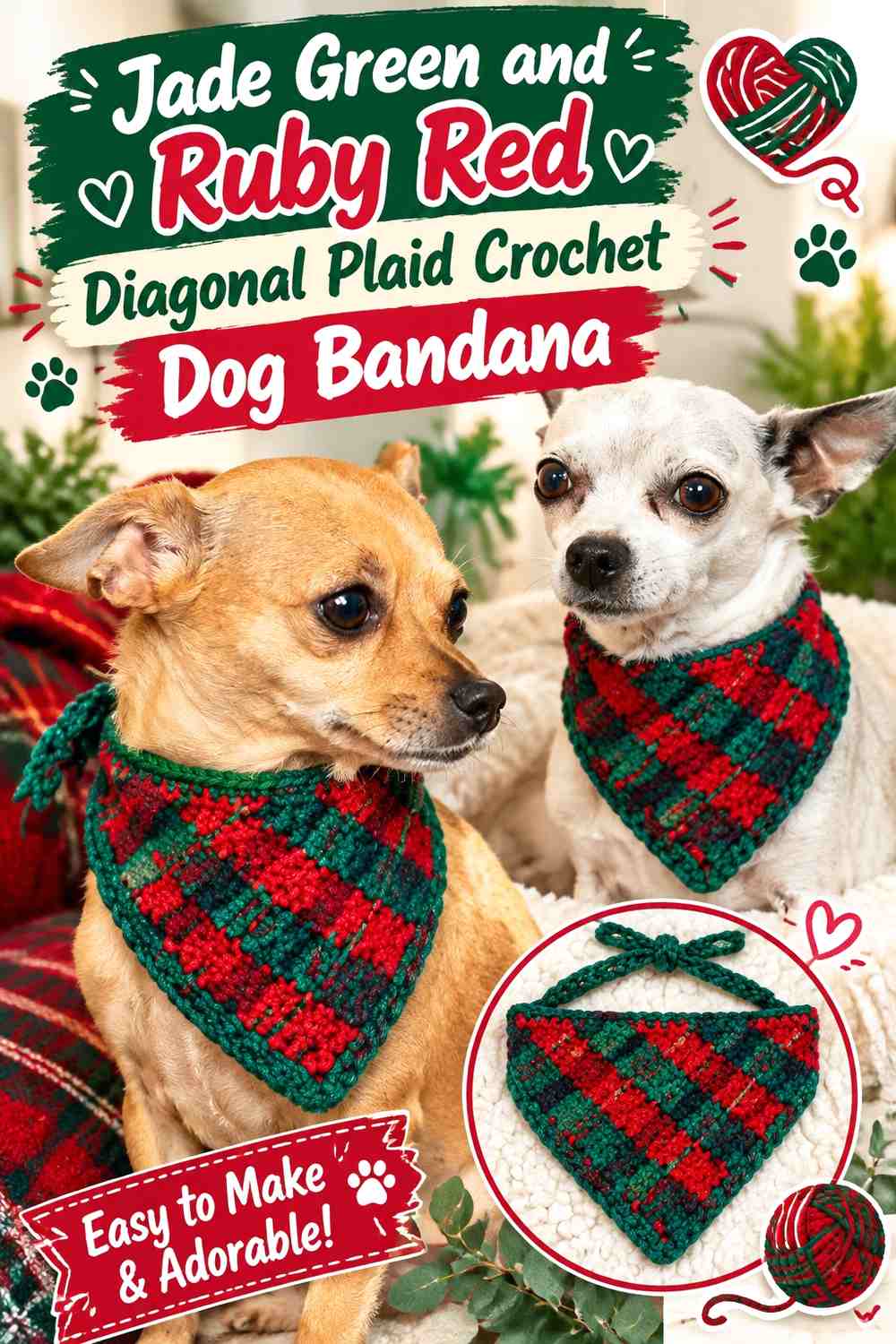 Jade Green and Ruby Red Diagonal Plaid Crochet Dog Bandana