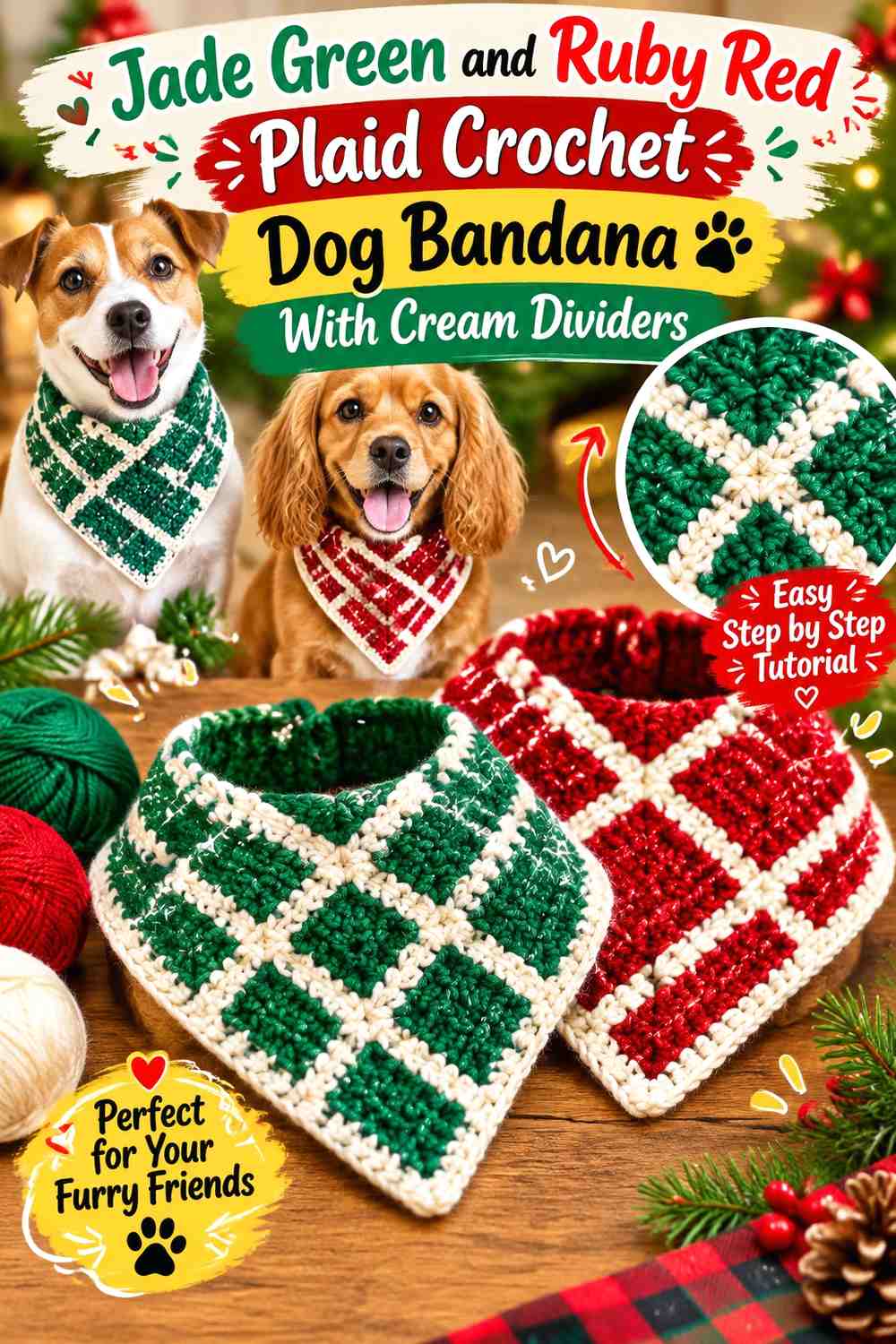 Jade Green and Ruby Red Plaid Crochet Dog Bandana With Cream Dividers