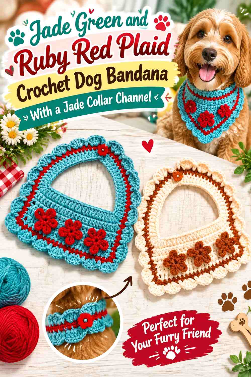Jade Green and Ruby Red Plaid Crochet Dog Bandana With a Jade Collar Channel