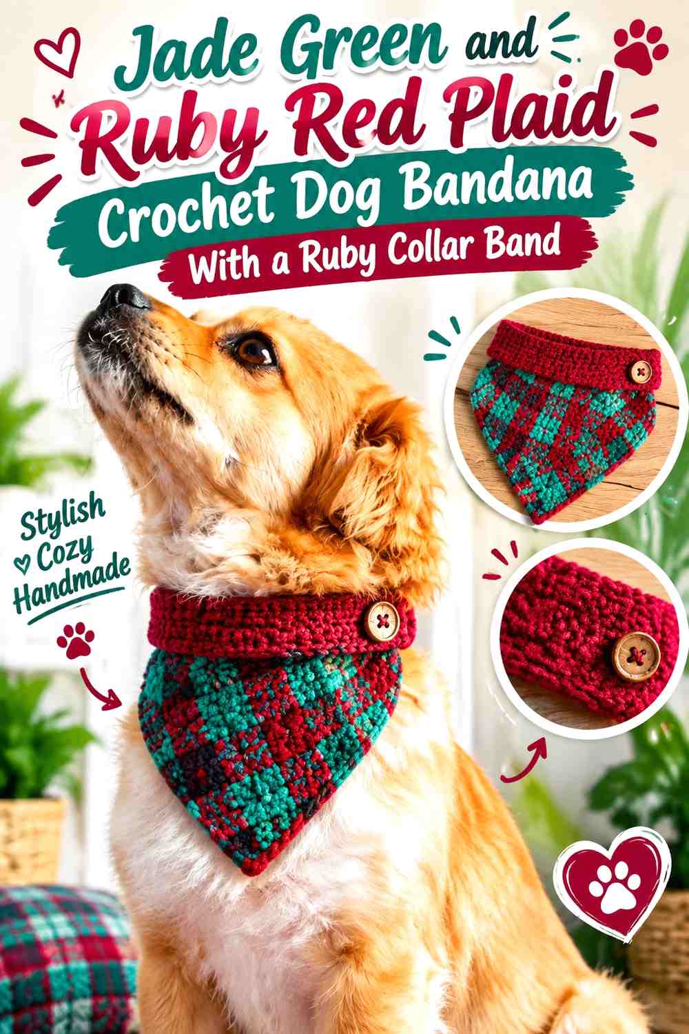 Jade Green and Ruby Red Plaid Crochet Dog Bandana With a Ruby Collar Band
