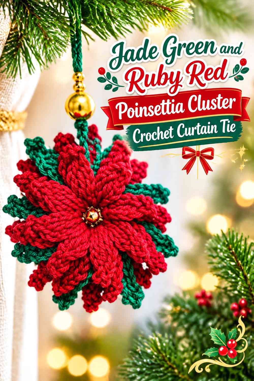 Jade Green and Ruby Red Poinsettia Cluster Crochet Curtain Tie