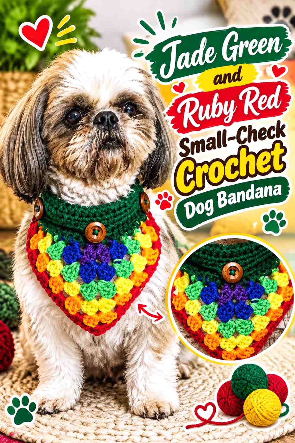 Jade Green and Ruby Red Small-Check Crochet Dog Bandana