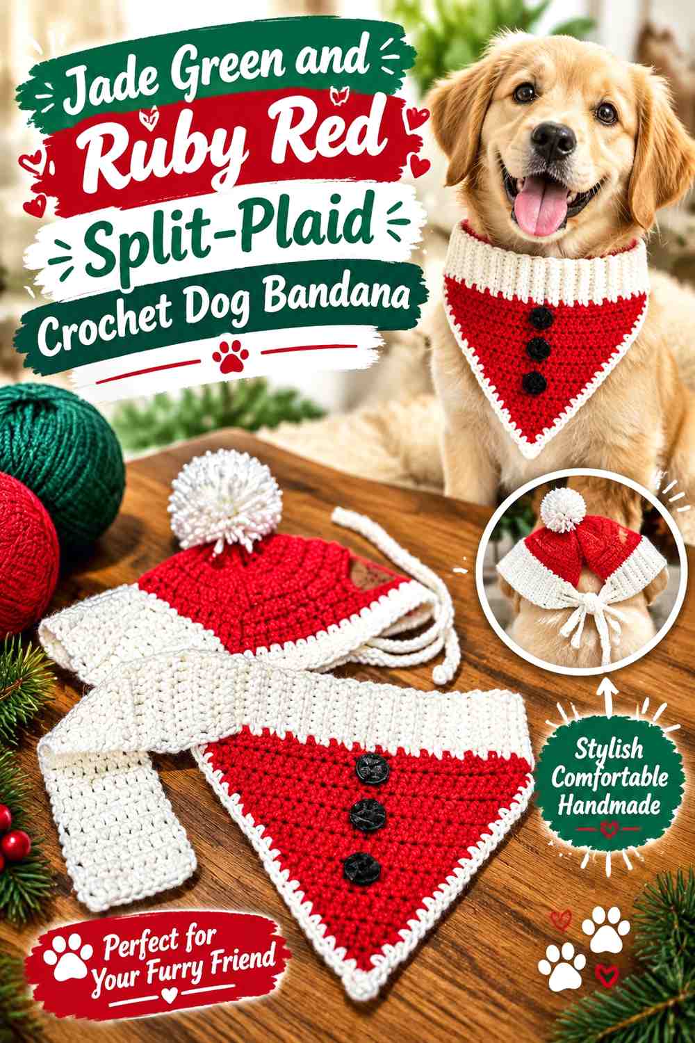 Jade Green and Ruby Red Split-Plaid Crochet Dog Bandana