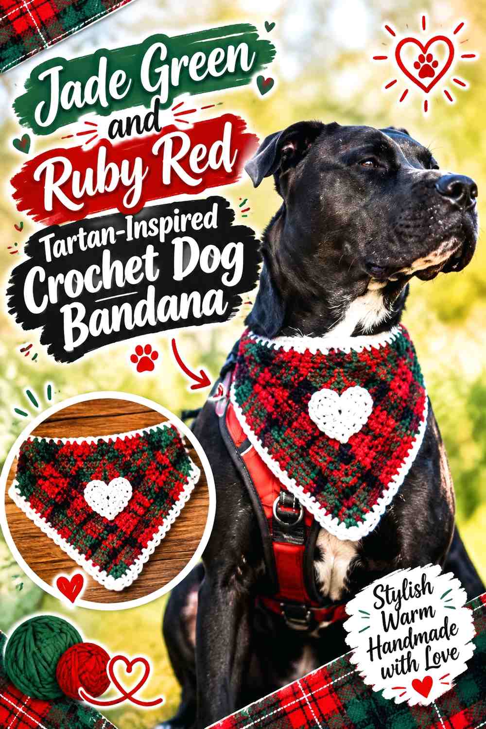 Jade Green and Ruby Red Tartan-Inspired Crochet Dog Bandana