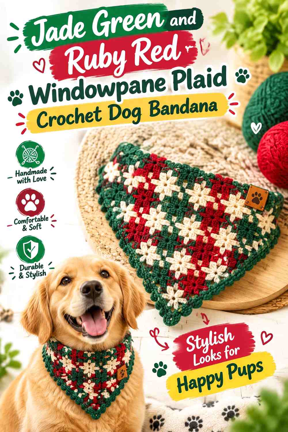 Jade Green and Ruby Red Windowpane Plaid Crochet Dog Bandana