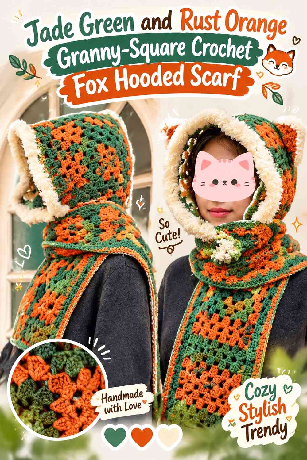 Jade Green and Rust Orange Granny-Square Crochet Fox Hooded Scarf