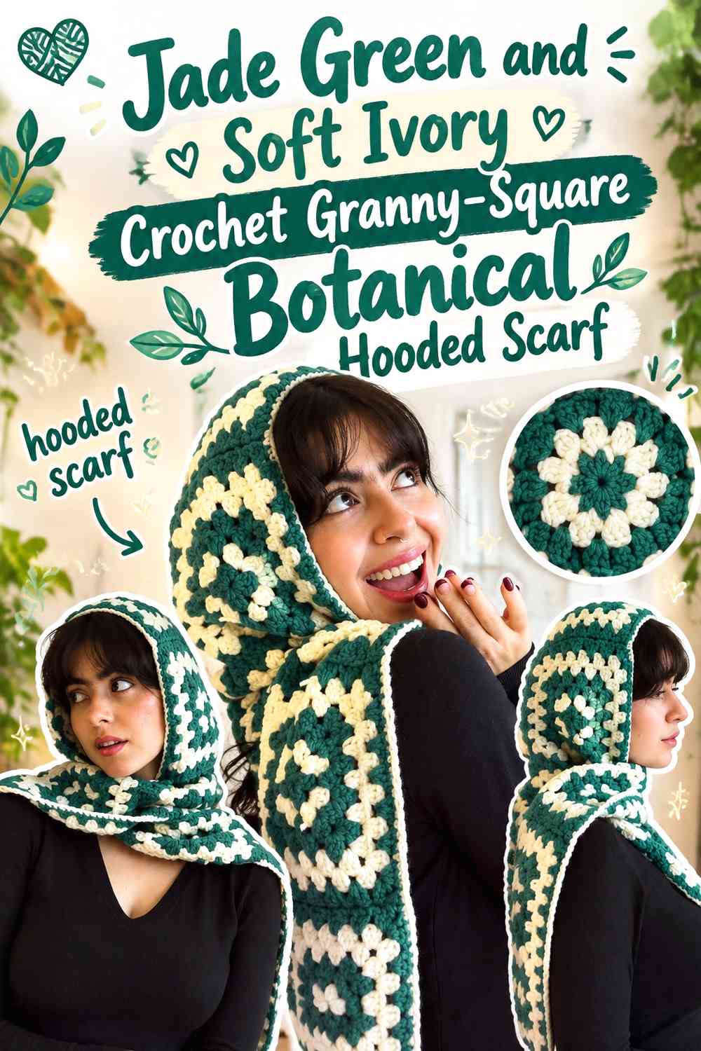 Jade Green and Soft Ivory Crochet Granny-Square Botanical Hooded Scarf