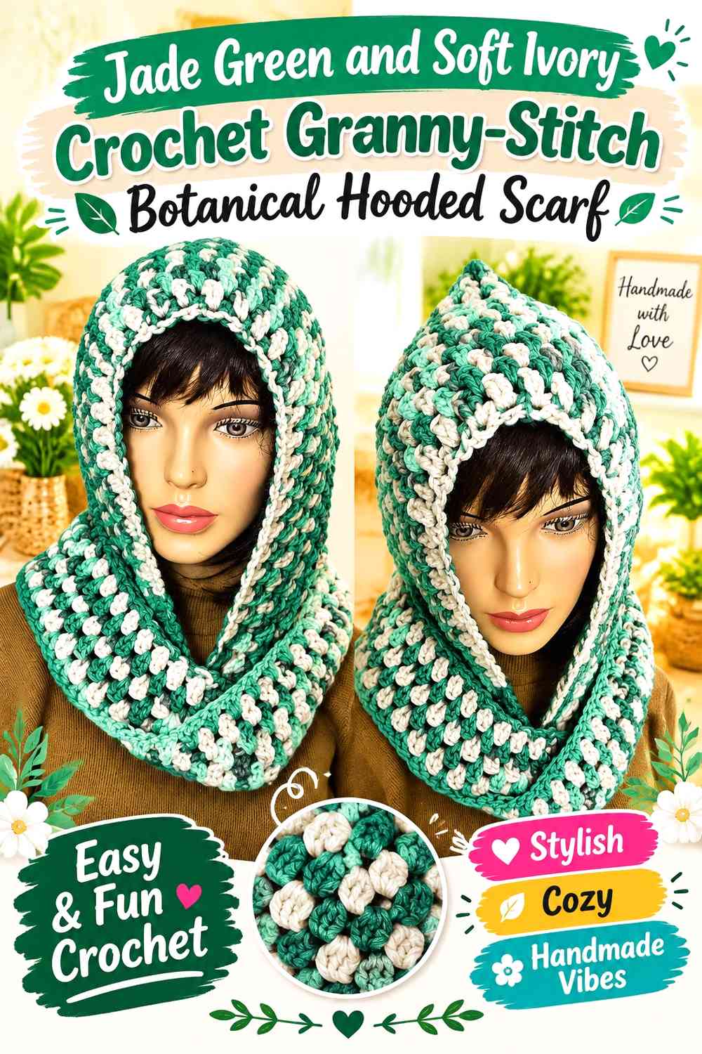 Jade Green and Soft Ivory Crochet Granny-Stitch Botanical Hooded Scarf