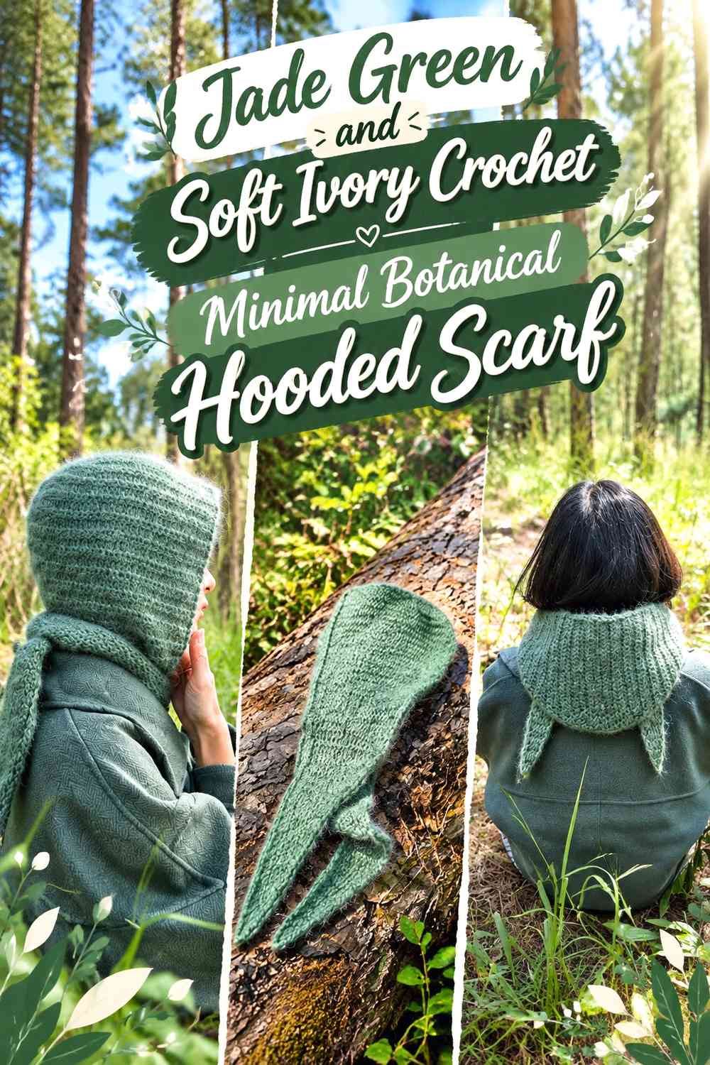Jade Green and Soft Ivory Crochet Minimal Botanical Hooded Scarf