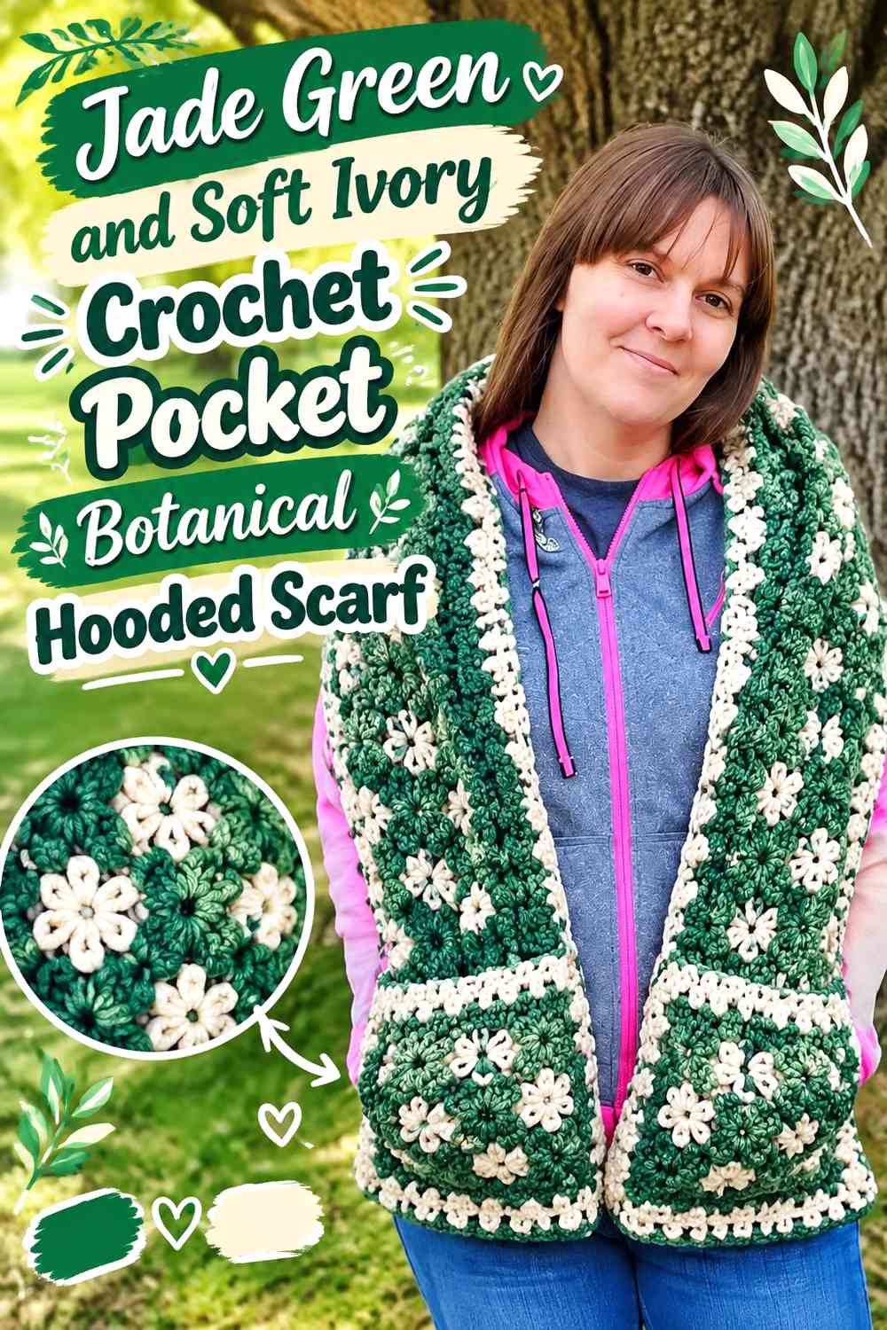 Jade Green and Soft Ivory Crochet Pocket Botanical Hooded Scarf