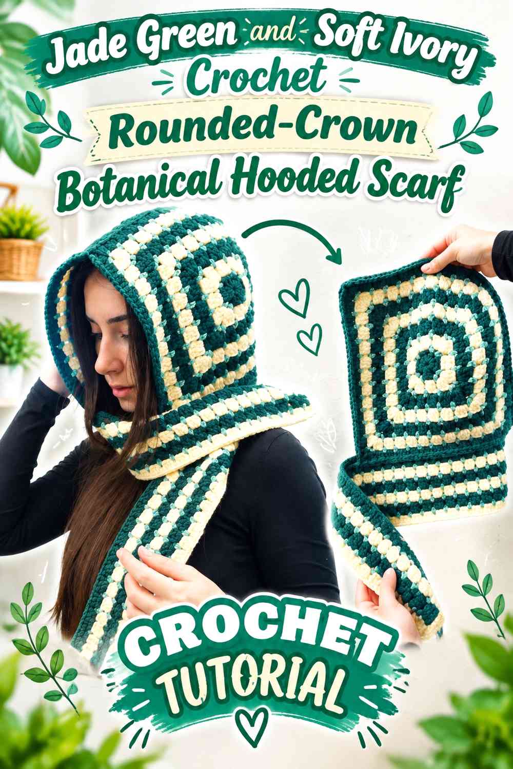 Jade Green and Soft Ivory Crochet Rounded-Crown Botanical Hooded Scarf