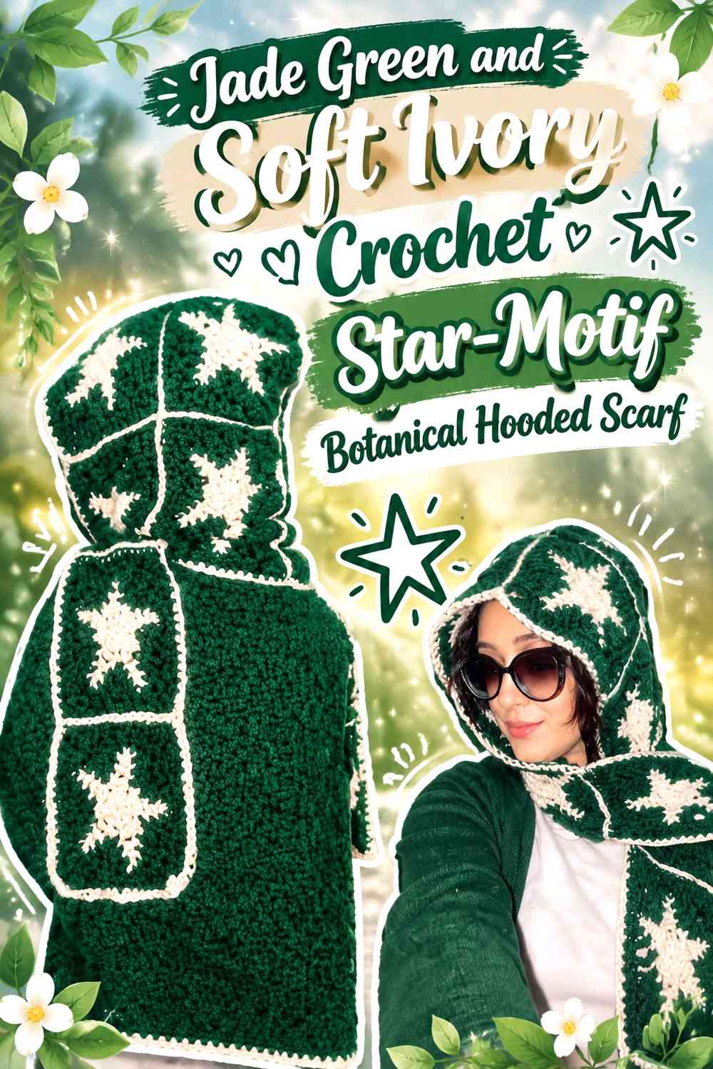 Jade Green and Soft Ivory Crochet Star-Motif Botanical Hooded Scarf