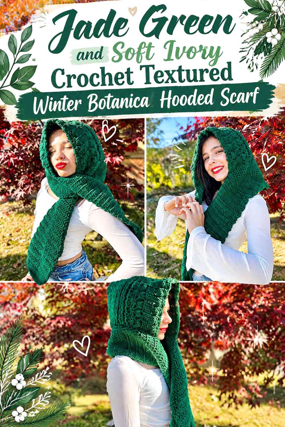 Jade Green and Soft Ivory Crochet Textured Winter Botanical Hooded Scarf