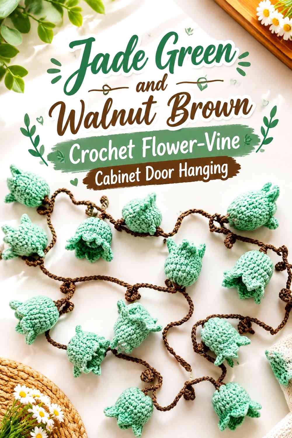Jade Green and Walnut Brown Crochet Flower-Vine Cabinet Door Hanging