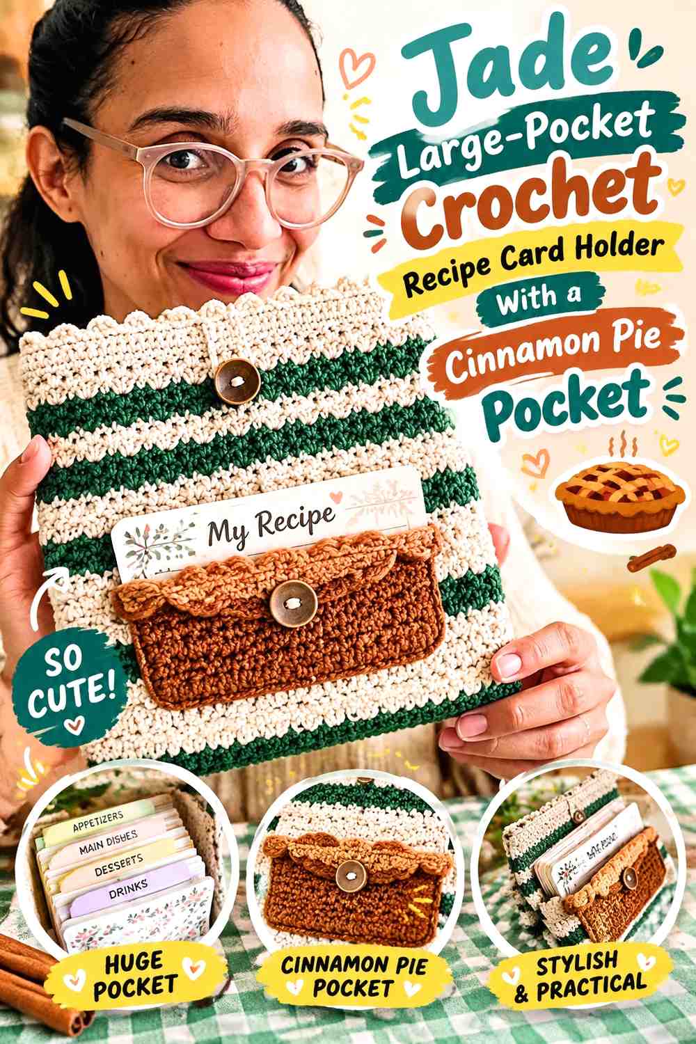 Jade Large-Pocket Crochet Recipe Card Holder With a Cinnamon Pie Pocket