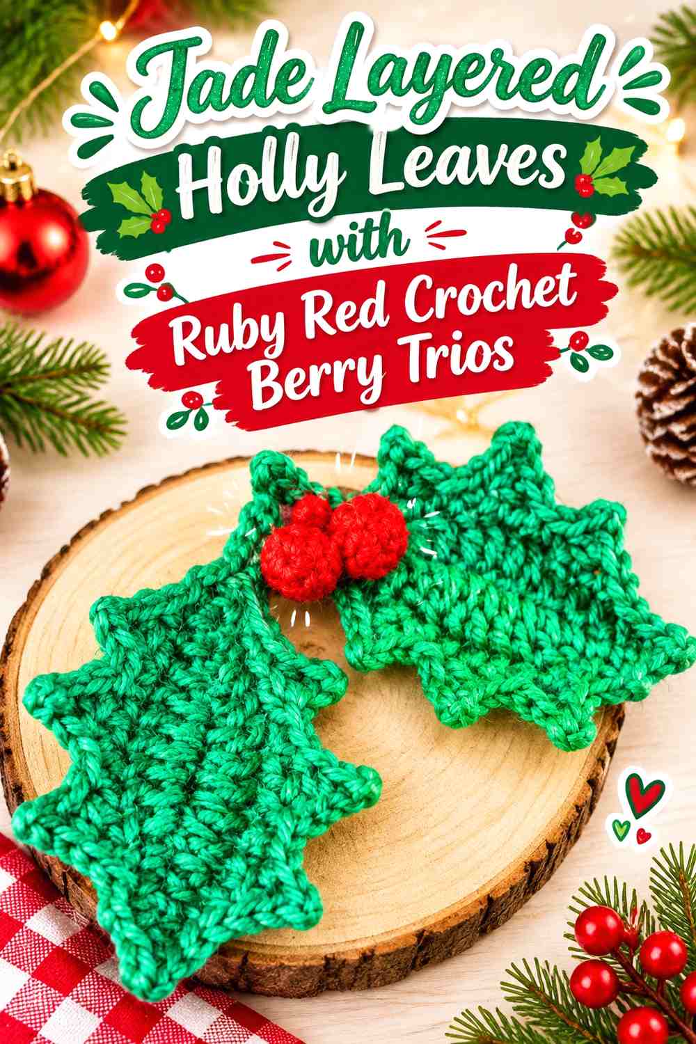 Jade Layered Holly Leaves with Ruby Red Crochet Berry Trios