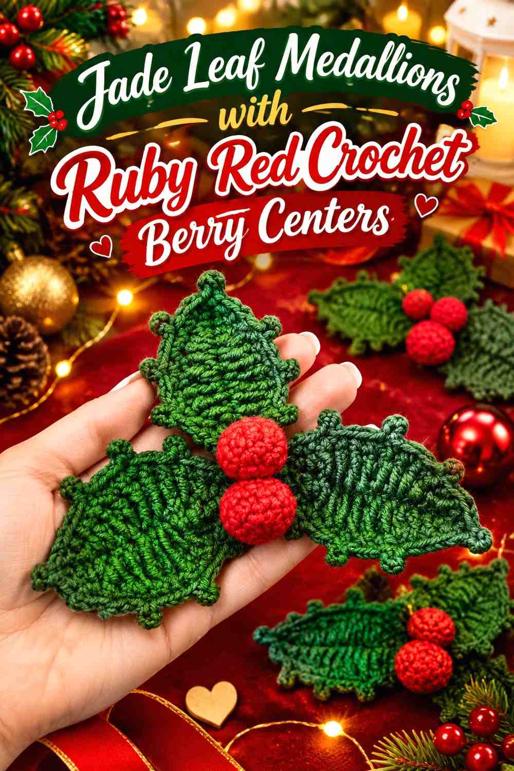 Jade Leaf Medallions with Ruby Red Crochet Berry Centers