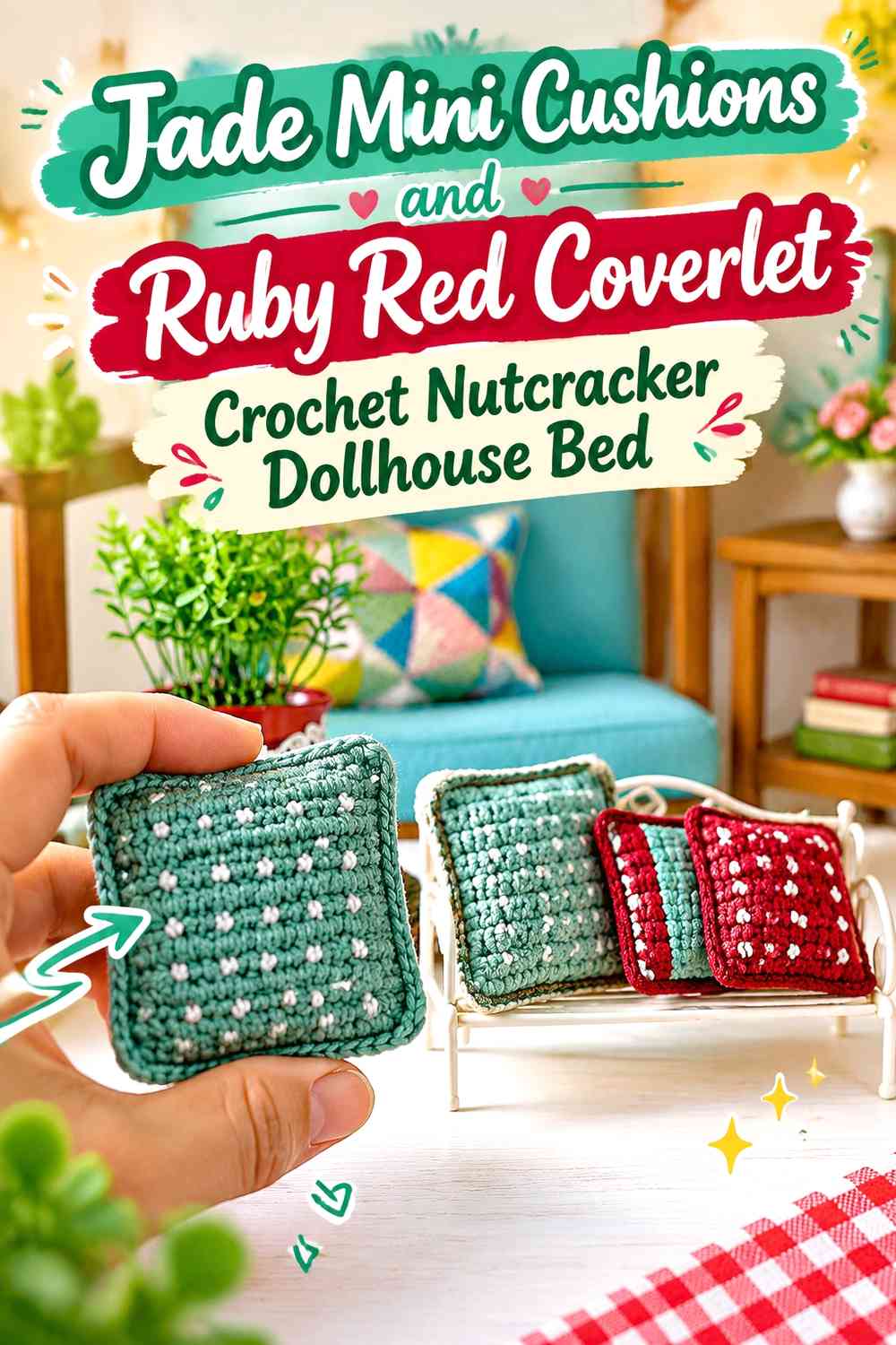 Jade Mini Cushions and Ruby Red Coverlet Crochet Nutcracker Dollhouse Bed