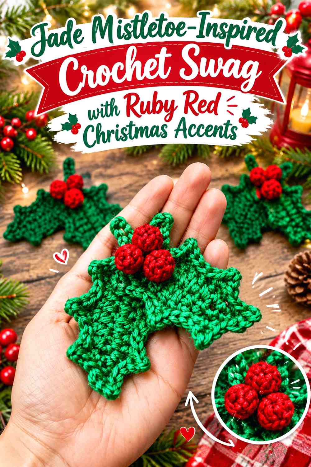 Jade Mistletoe-Inspired Crochet Swag with Ruby Red Christmas Accents