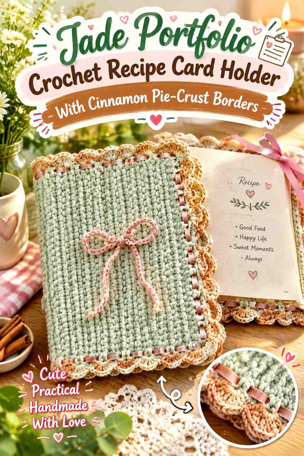 Jade Portfolio Crochet Recipe Card Holder With Cinnamon Pie-Crust Borders