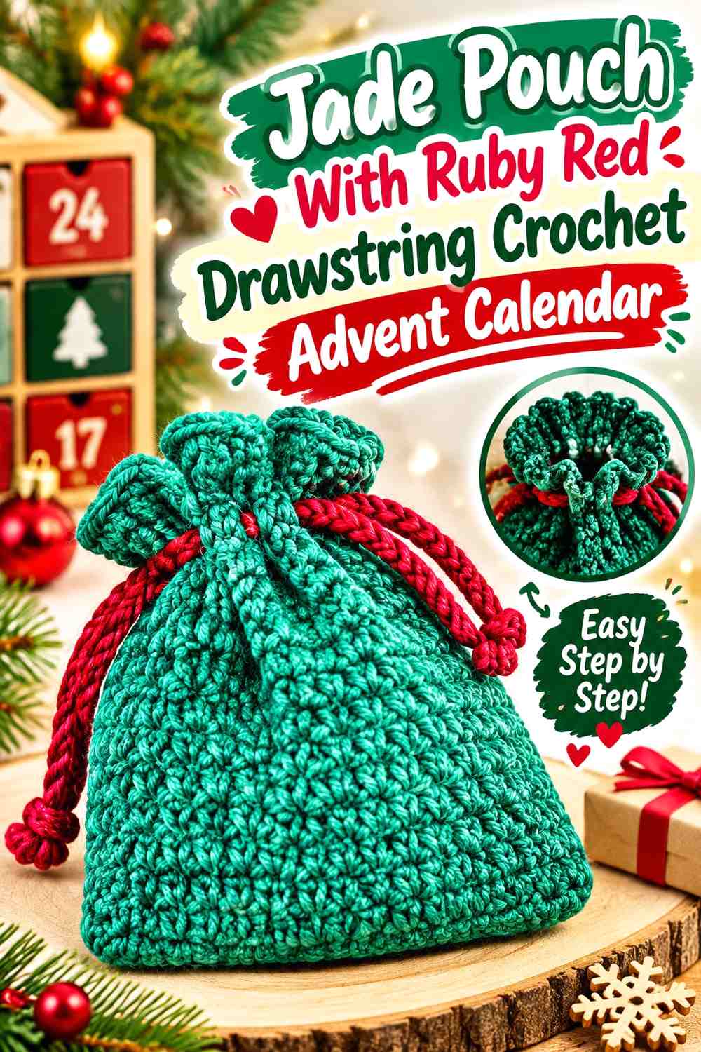 Jade Pouch With Ruby Red Drawstring Crochet Advent Calendar