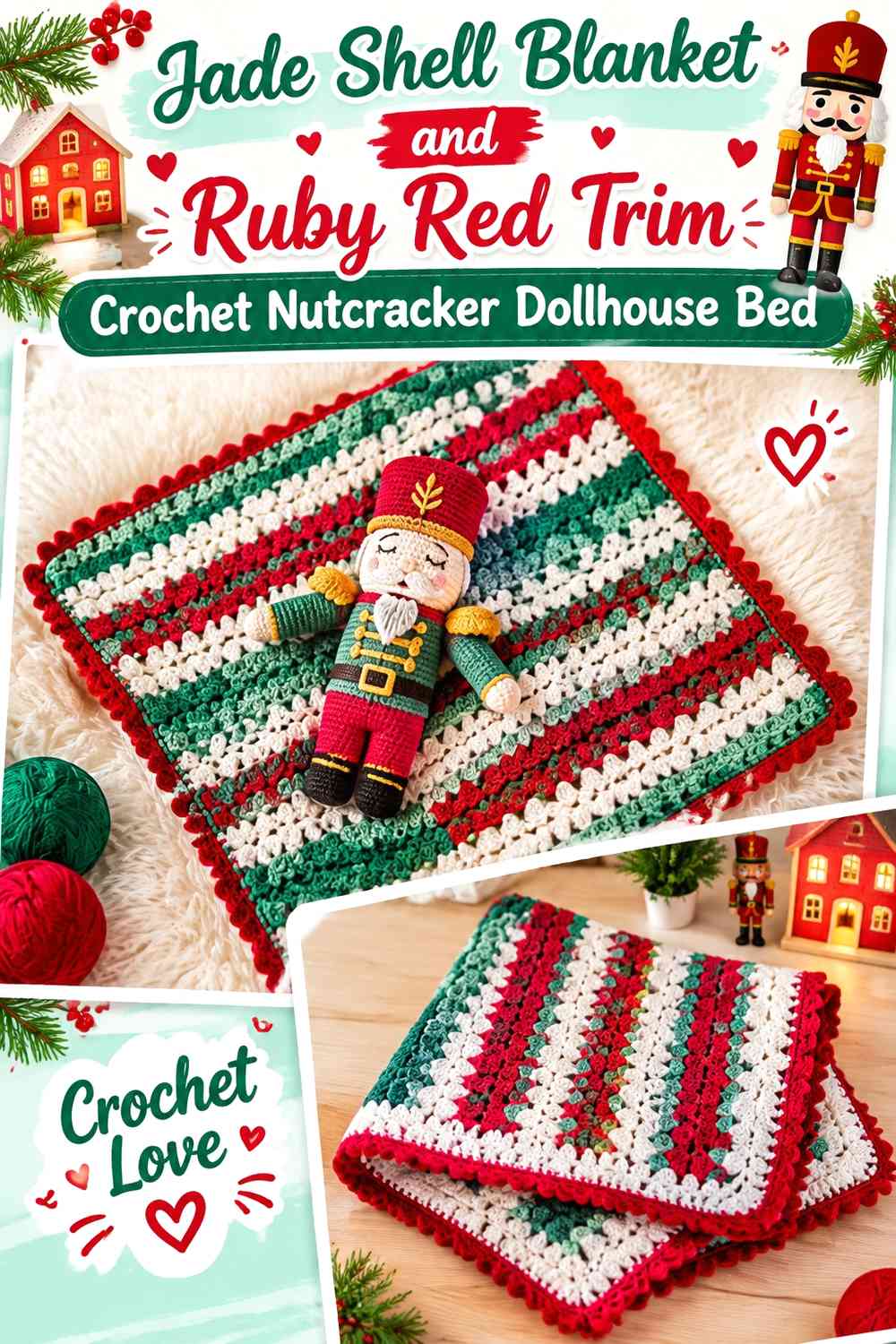Jade Shell Blanket and Ruby Red Trim Crochet Nutcracker Dollhouse Bed
