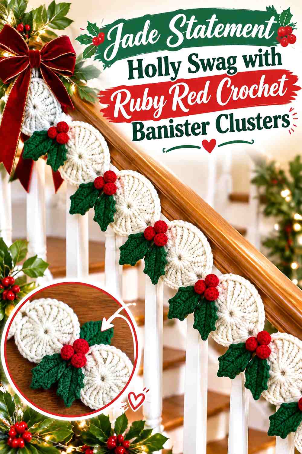 Jade Statement Holly Swag with Ruby Red Crochet Banister Clusters