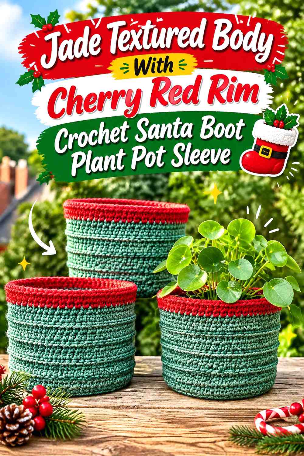 Jade Textured Body With Cherry Red Rim Crochet Santa Boot Plant Pot Sleeve