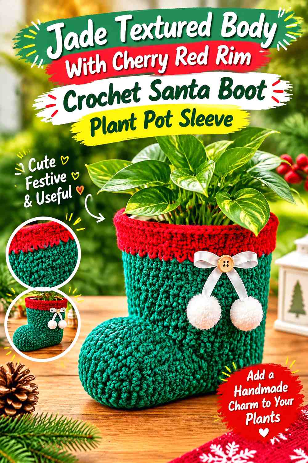 Jade Textured Body With Cherry Red Rim Crochet Santa Boot Plant Pot Sleeve